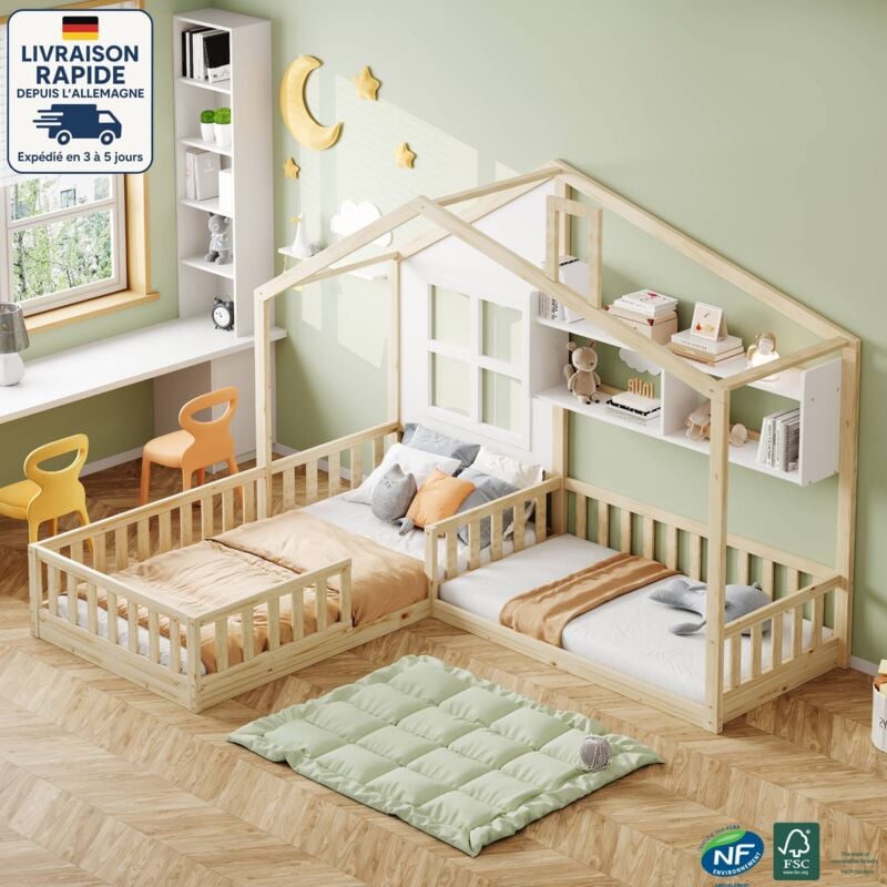 Modfu - Lit cabane 90x200cm et 140x70cm lit double enfant, avec étagères ouvertes, sans matelas, naturelle