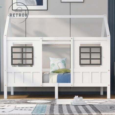 Lit Cabane 90x200cm - Lit de Maison Cadre en Pin Lit Simple MDF Lit de Jour avec 2 Fenêtres - Lit d'Enfant Blanc