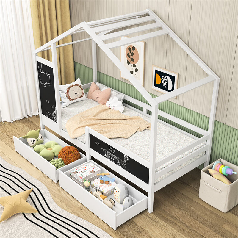 Lit cabane 90x200cm - Lit de maison pour enfant - avec toit, sommier à lattes, tableau noir et 2 tiroirs - pin + mdf - Blanc
