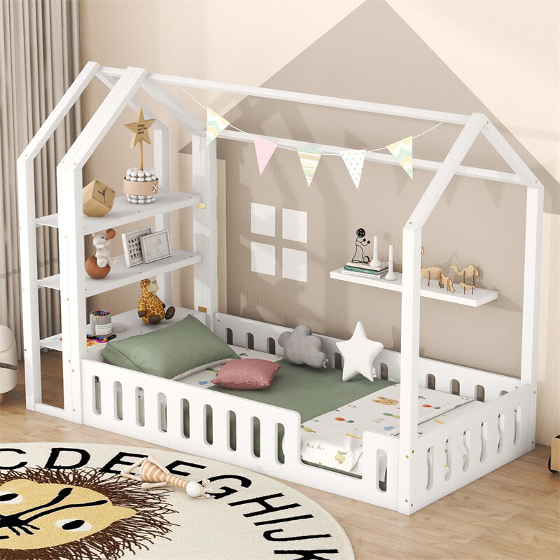 Fortuna Lai - Lit cabane 90x200cm, lit d'enfant plat, lits maison avec balustrade, lit avec 3 niveaux étagères de rangement, blanc