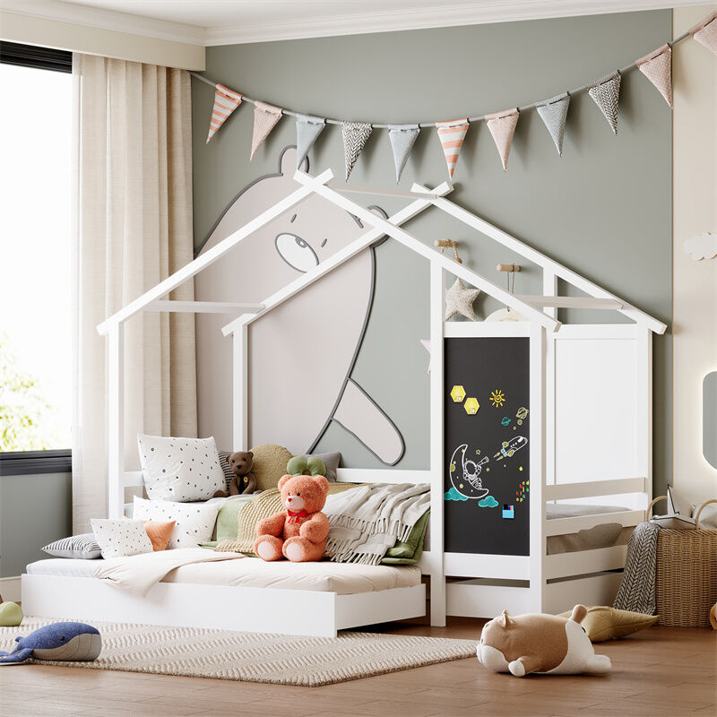 Lit cabane 90x200cm, lit enfant avec sommier à lattes et 1 petit tiroir et 1 grand tiroir et tableau graffiti, lit de maison blanc