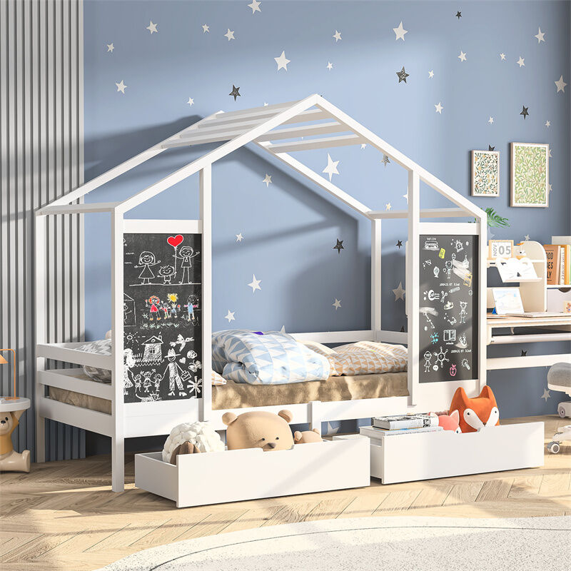 Lit cabane 90x200cm - Lit enfant avec toit, sommier à lattes, 2 tableaux noir et 2 tiroirs - pin + mdf - Blanc