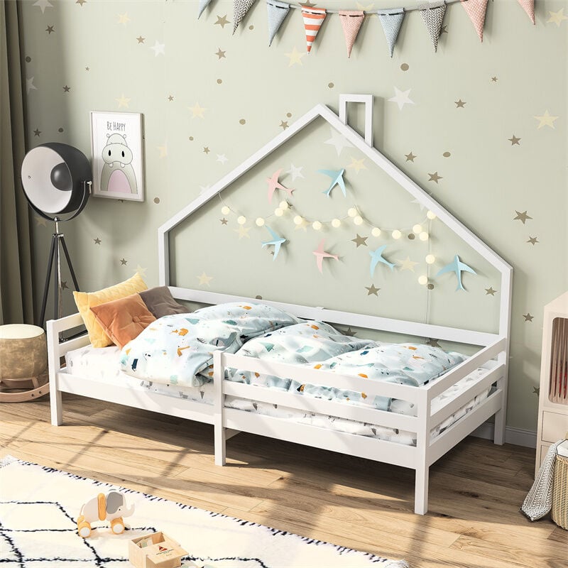 Lit cabane 90x200cm, lit enfant simple avec sommier à lattes et barre de lit et décor cheminée, blanc