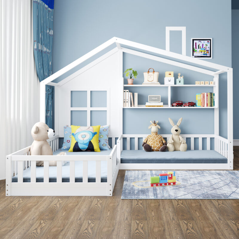 Fortuna Lai - Lit cabane 90x200cm+70x140cm, lit enfant 2 places avec fenêtre et cheminée en forme de maison, étagères et grille - blanc