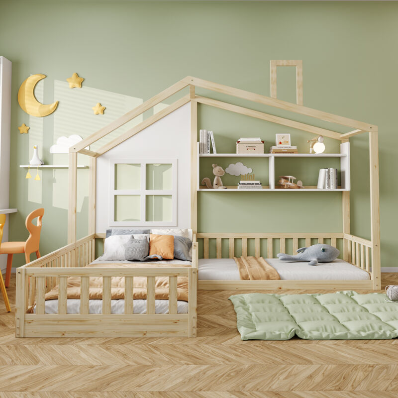Fortuna Lai - Lit cabane 90x200cm+70x140cm, lit enfant 2 places avec fenêtre et cheminée en forme de maison, étagères et grille - couleur bois
