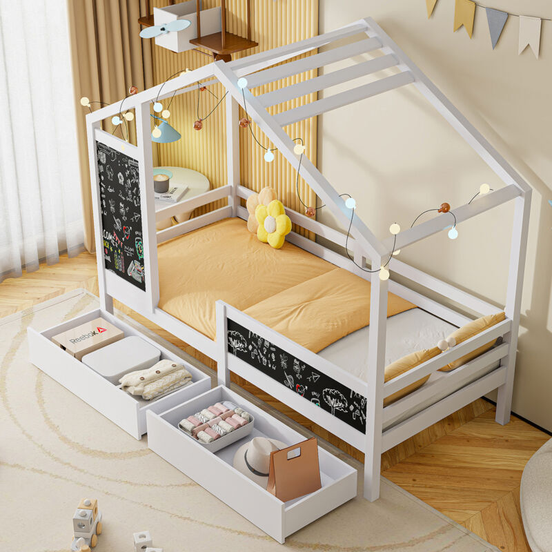 Lit cabane 90x200,lit enfant 90x200,sommier à lattes,avec barrière de sécurité,tableau noir et deux tiroirs,pin,blanc