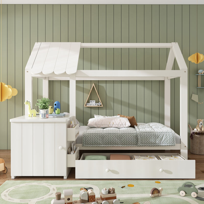 Redom - Lit cabane adulte 160x200 cm avec tiroirs - lit double avec chevet amovible et sommier - blanc + chêne (sans matelas)