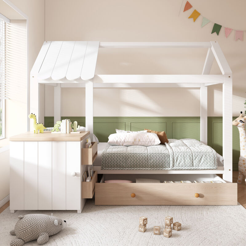 Redom - Lit cabane adulte 160x200 cm avec tiroirs - lit double avec chevet amovible et sommier - blanc + chêne (sans matelas)