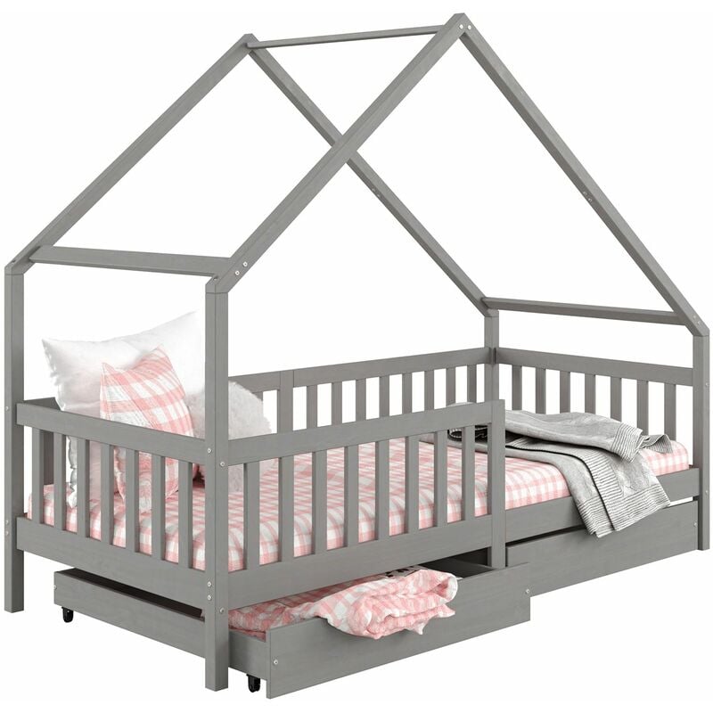 Idimex - Lit cabane asymétrique alva avec tiroirs, 90 x 200 cm en pin massif lasuré gris