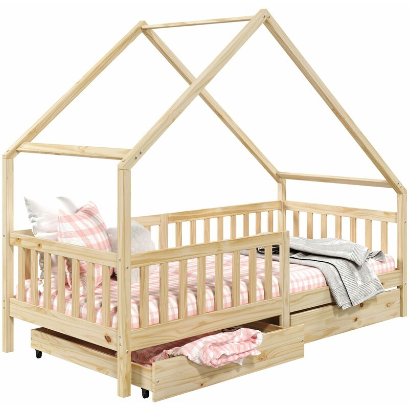 Lit cabane asymétrique ALVA avec tiroirs, 90 x 190 cm en pin massif finition naturelle Lit cabane asymétrique ALVA avec tiroirs, 90 x 190 cm en pin massif finition naturelle