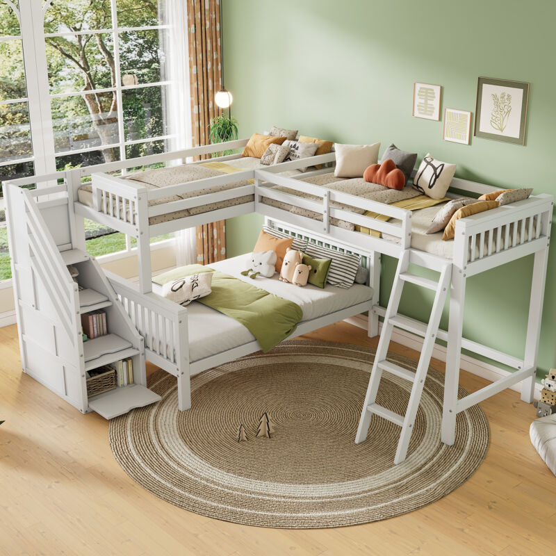 Okwish - Lit superposé 90/140x200cm lit enfants 3 places avec escalier, en bois de pin, blanc