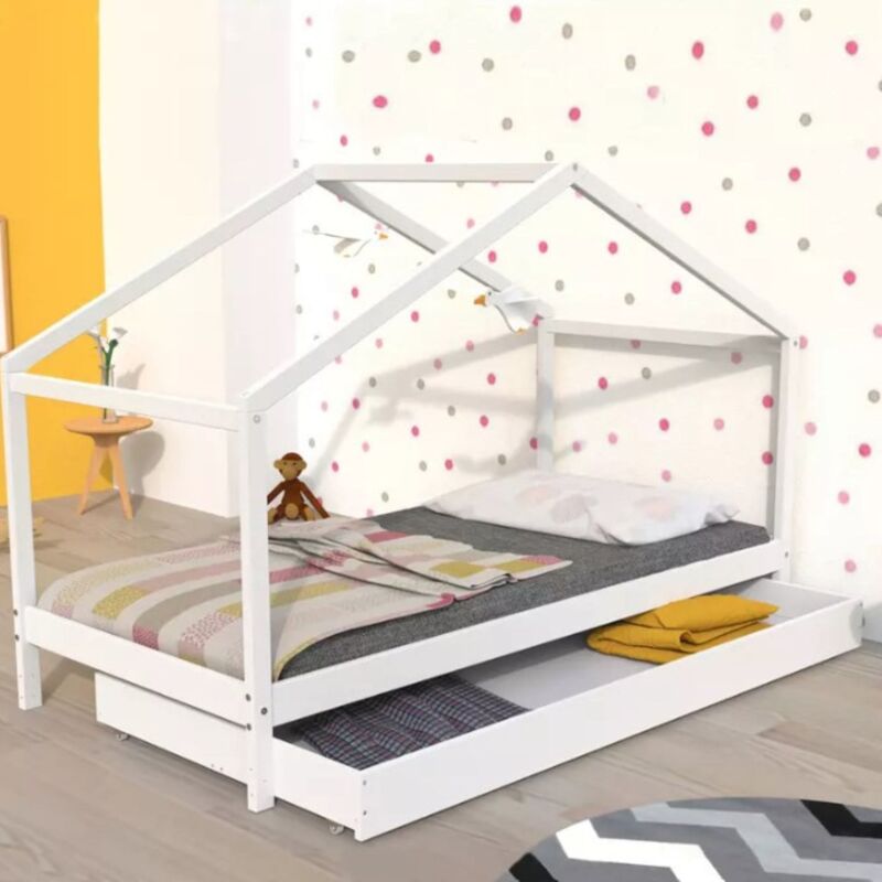 Lit cabane enfant avec tiroir en bois blanc 90x190 - LT14006 - Blanc