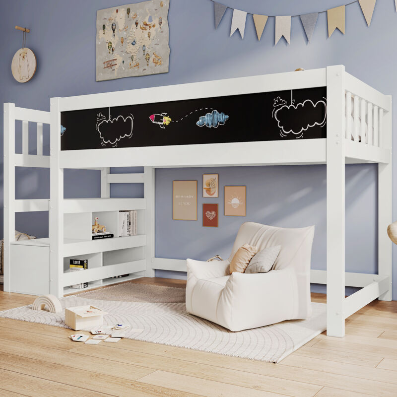 Lit mezzanine enfant 90x200 cm avec avec tableau blanc et tableau noir, cadre de lit en bois avec rangement, blanc