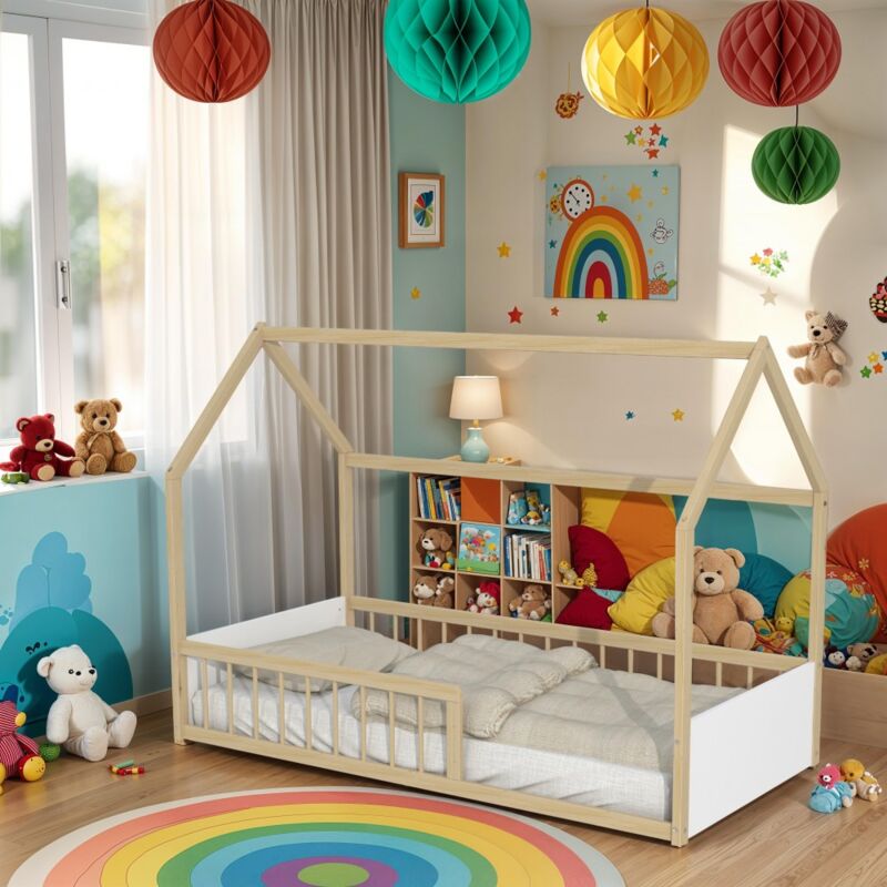 Le Quai Des Affaires - Lit cabane baloo 90x190 + 1 sommier / Blanc et naturel/ 196x97x140.5