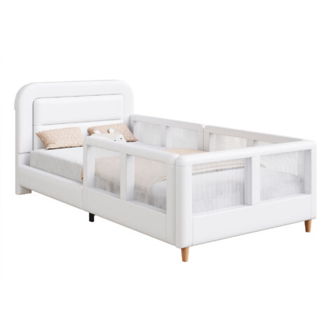 Lit cabane capitonné 90x200 cm avec barrières de sécurité, lit plateforme design confortable moderne pour chambre, structure bois tissu blanc