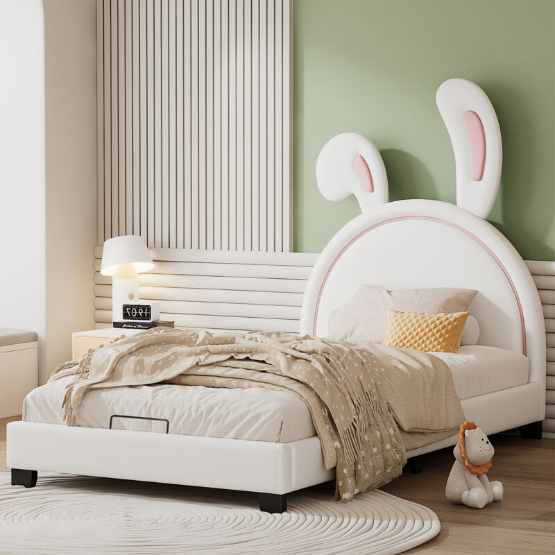 Wishdor - Lit cabane Lit capitonné enfant 90 x 200 cm en forme d'oreille de lapin. beige