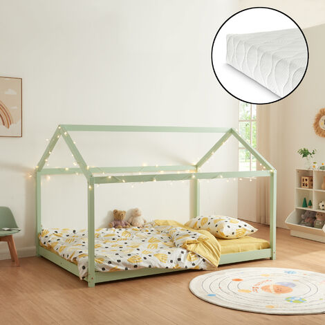 Lit cabane Cerro avec matelas à mousse froid bois de pin contreplaqué 140 x 200 cm vert menthe [en.casa]