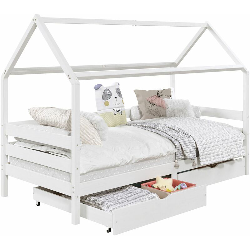 Lit cabane CLIA 90 x 190 cm avec tiroirs, en pin massif lasuré blanc