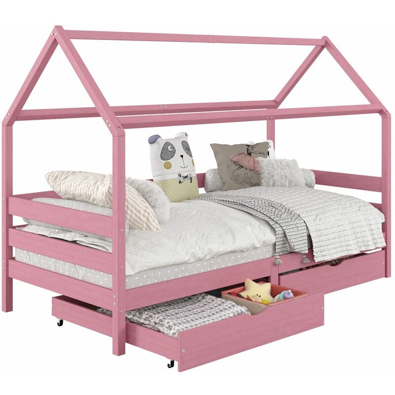 Idimex - Lit cabane clia 90 x 190 cm avec tiroirs, en pin massif lasuré rose