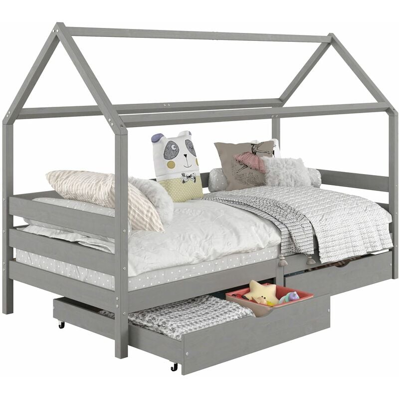 Idimex - Lit cabane clia 90 x 190 cm avec tiroirs, en pin massif lasuré gris