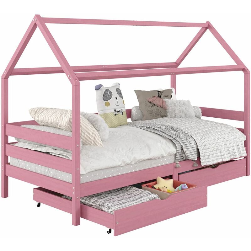 Lit cabane clia lit simple pour enfant montessori 90 x 200 cm avec rangement 2 tiroirs et barrières sur 3 côtés, pin rose - Rose