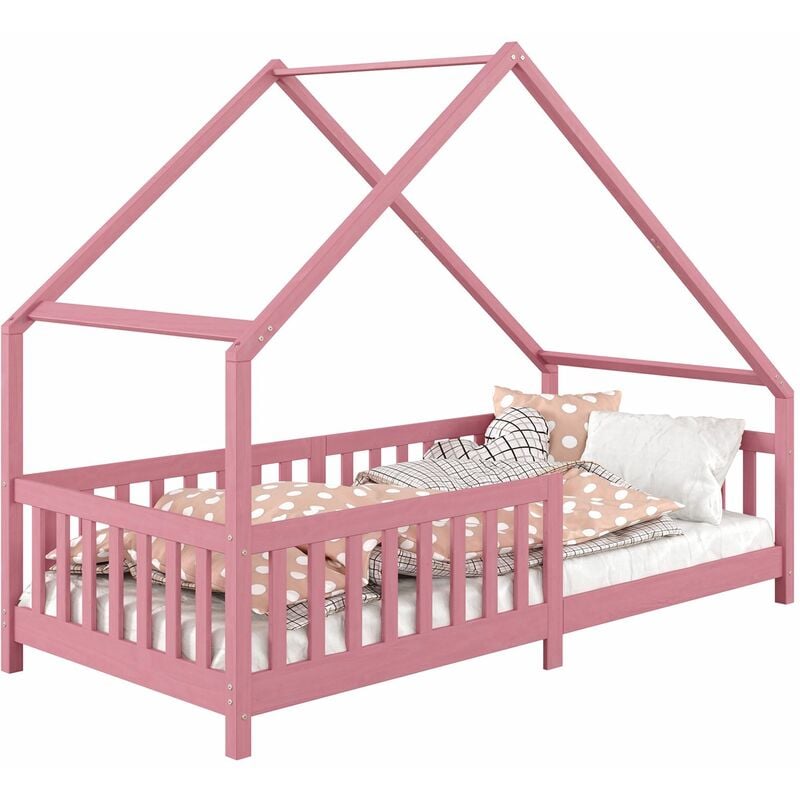 Lit cabane cora lit enfant simple montessori asymétrique en bois 90 x 200 cm en pin massif lasuré rose - Rose