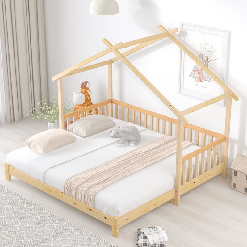 Lit cabane extensible 200x90 cm lit simple et double d'enfant, en pin massif, couleur naturel