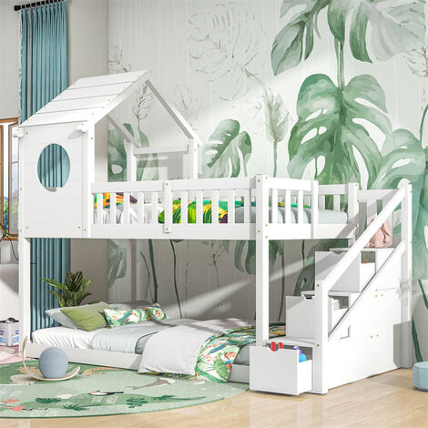 ELBS Lit cabane d'enfant 90x200 cm lit double en forme de maison armoire à échelle en pin sans matelas blanc