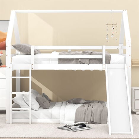 FORTUNA LAI Lit cabane d'enfant double 140x200cm - lit de maison it superposé avec toboggan et échelle, protection contre les chutes chambre d'enfant - blanc