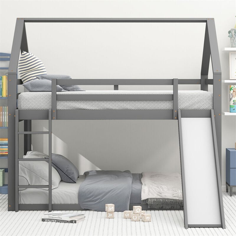 Fortuna Lai - Lit cabane d'enfant double 140x200cm - lit superposé avec toboggan et échelle, protection contre les chutes chambre d'enfant - gris