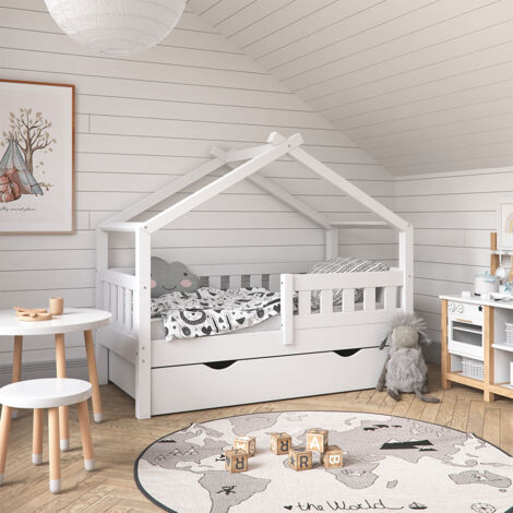 Lit cabane Design, Blanc, 70x140 cm avec tiroir, Vitalispa
