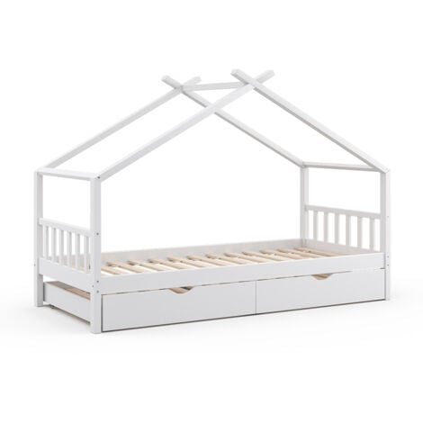 Lit cabane Design, Blanc, 90x200 cm avec lit d'appoint, Vitalispa