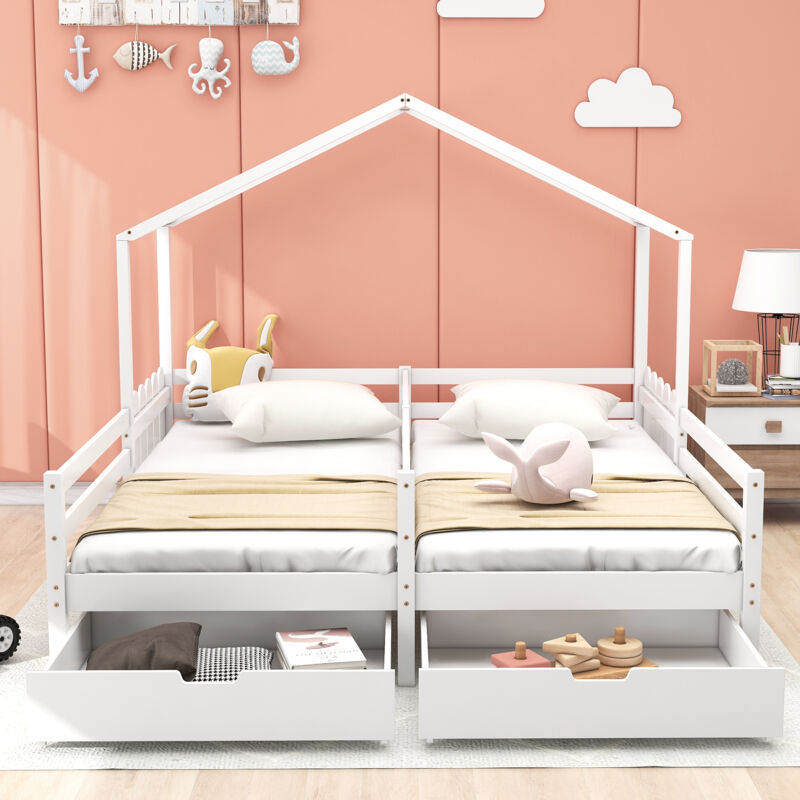 Lit Cabane Double - 200 X 90 cm - Avec Tiroirs Sur Roulettes Et Sommier À Lattes En Pin - Blanc Lit Cabane Double - 200 X 90 cm - Avec Tiroirs Sur Roulettes Et Sommier À Lattes En Pin - Blanc