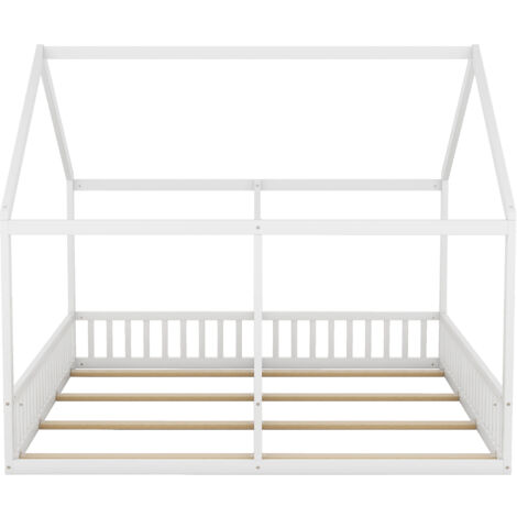 Lit cabane double pour enfants en pin 90x200, avec cloture, blanc