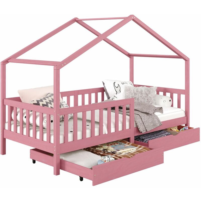 Lit cabane elea lit enfant simple montessori 90 x 190 cm, avec 2 tiroirs de rangement, en pin massif lasuré rose - Rose