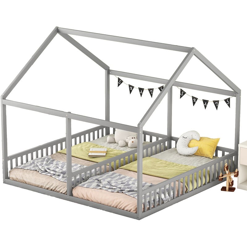 Modernluxe - Lit cabane en bois de pin 2x90x200cm - avec toit et sommier à lattes - Gris