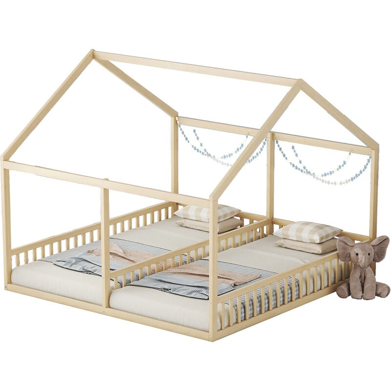 Lit cabane en bois de pin 2x90x200cm - avec toit et sommier à lattes - Naturel