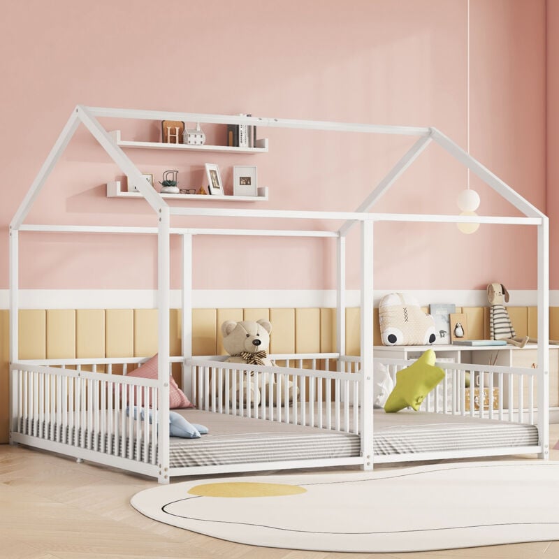 Modernluxe - Lit cabane en fer 2x90x200cm - avec toit et sommier à lattes - Blanc