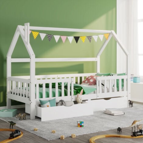 MERAX Lit cabane pour enfant 90x200cm - Bois pin massif - 2 Tiroirs espace de rangement - avec sommier à lattes et barrière - Blanc