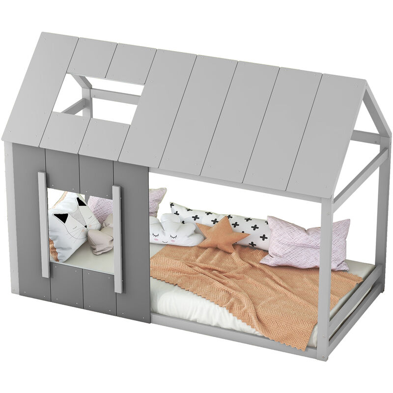 Lit cabane en bois de pin 90x200cm - lit enfant avec toit et fenêtre et sommier à lattes - Gris