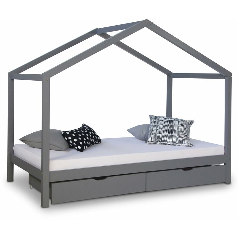 Lit cabane en bois gris pour enfant avec sommier inclus 90x200 cm avec tiroirs rangement LIT06191