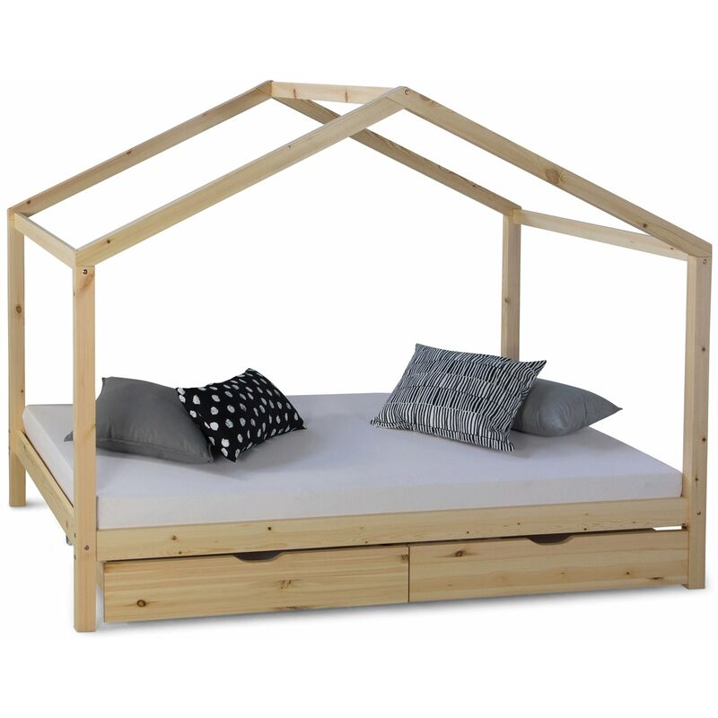Lit cabane en bois pour enfant avec sommier inclus 90x200 cm avec tiroirs rangement