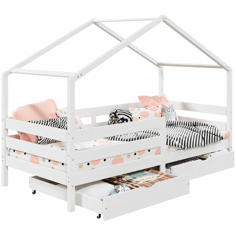 Lit cabane ena lit enfant simple montessori 90 x 190 cm, avec 2 tiroirs de rangement, en pin massif lasuré blanc - Blanc