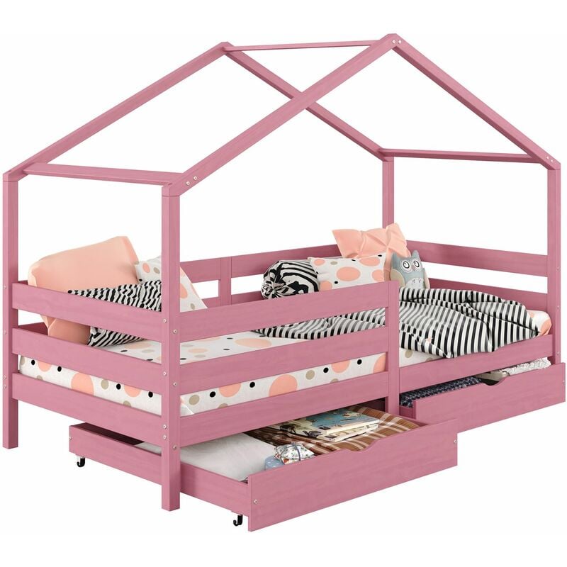 Idimex - Lit cabane ena lit enfant simple montessori 90 x 190 cm, avec 2 tiroirs de rangement, en pin massif lasuré rose - Rose