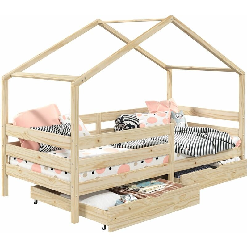 Lit cabane ena lit enfant simple montessori 90 x 190 cm, avec 2 tiroirs de rangement, en pin massif à la finition naturelle - Naturel