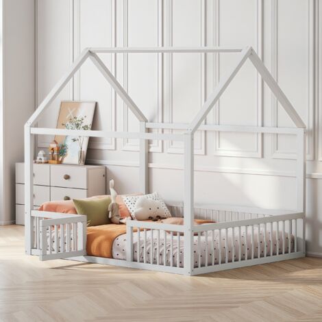 Lit cabane enfant 140x200 cm avec barrière de sécurité, sommier à lattes, lit plat, lit simple en bois massif, Blanc