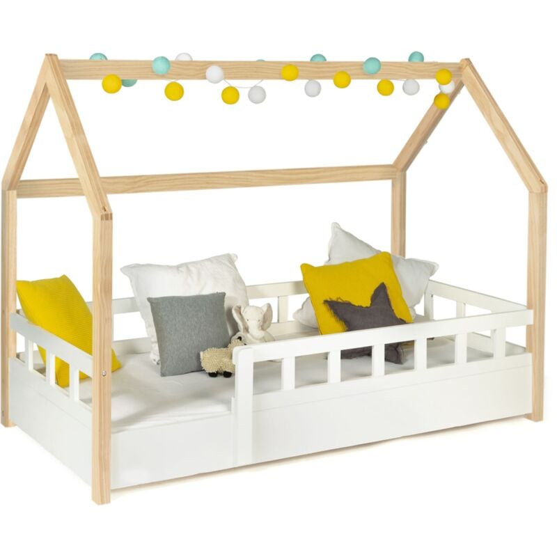 Lit cabane enfant 80 x 160 cm neree blanc et hêtre avec sommier et barrières