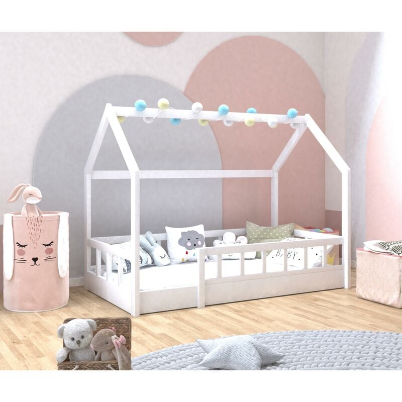Lit cabane enfant 80 x 160 cm orel blanc avec sommier et barrières