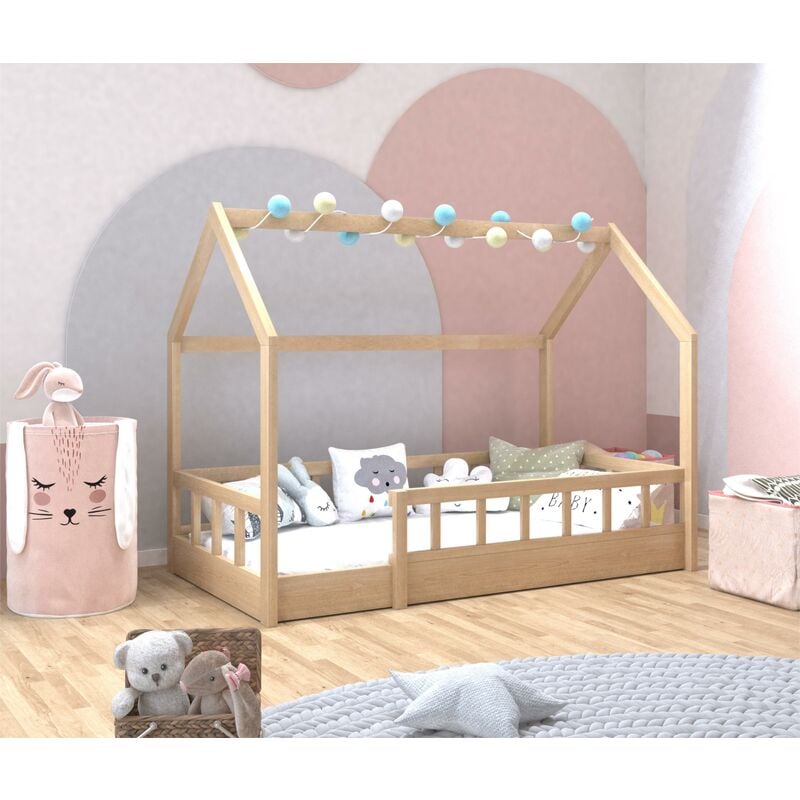 Lit cabane enfant 80 x 160 cm orel bois avec sommier et barrières