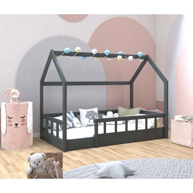 Lit cabane enfant 80 x 160 cm orel gris avec sommier et barrières